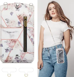 Cell Phone Purse Small Crossbody Bag for Women Leather Mini Shoulder Bag Wallet Case with Card Slot Neck Chain with Touch Screen Zipper Pocket for All Smartphones iPhone Samsung up to 7.5" Rose Marble