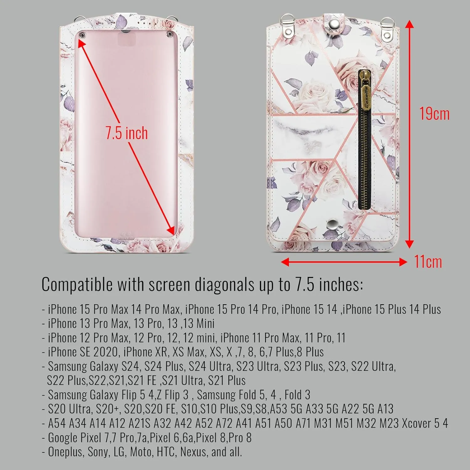 Cell Phone Purse Small Crossbody Bag for Women Leather Mini Shoulder Bag Wallet Case with Card Slot Neck Chain with Touch Screen Zipper Pocket for All Smartphones iPhone Samsung up to 7.5" Rose Marble
