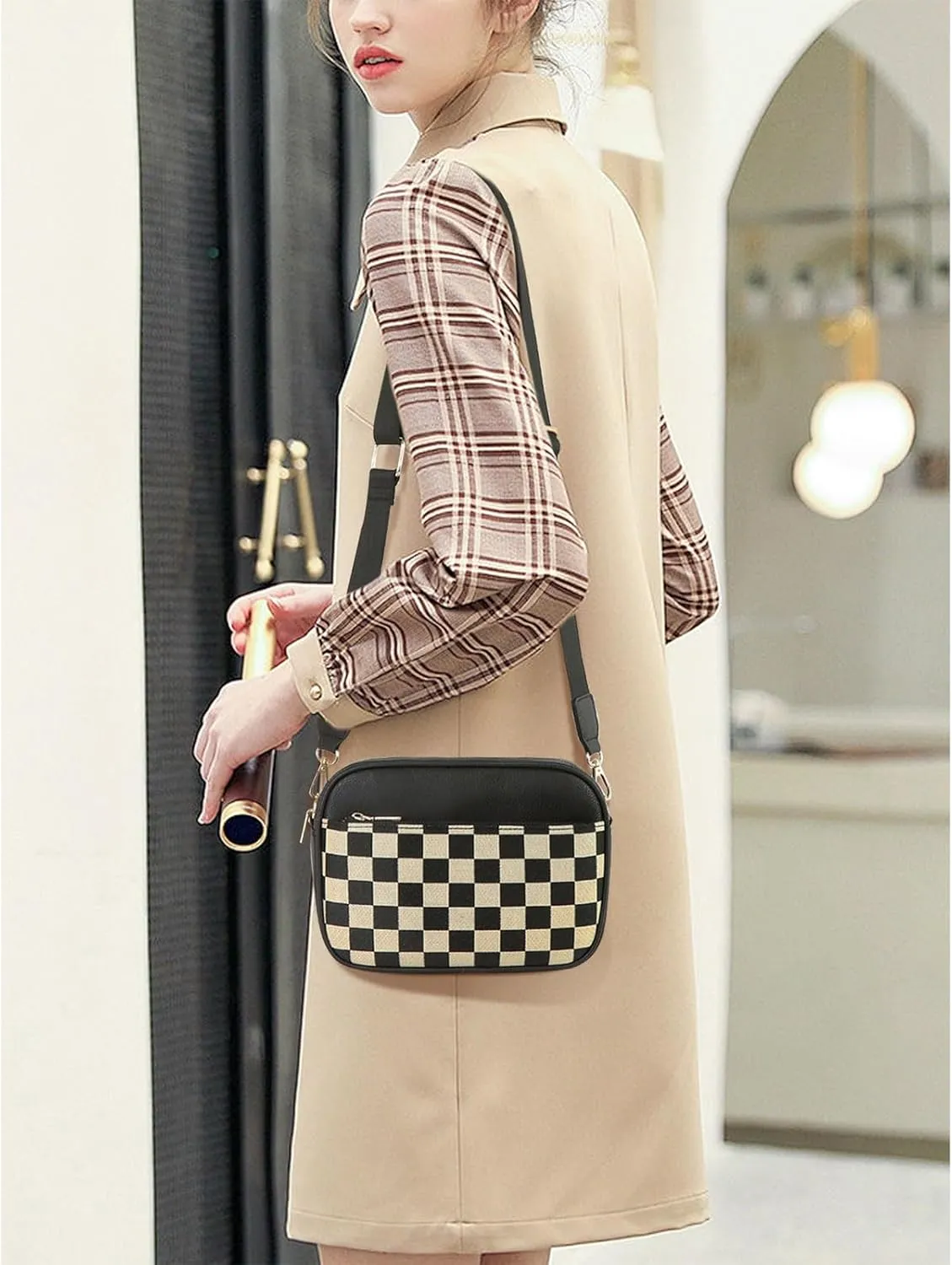 checkerboard colorblock crossbody bag | Adjustable shoulder strap | Suitable for commuting, traveling, shopping