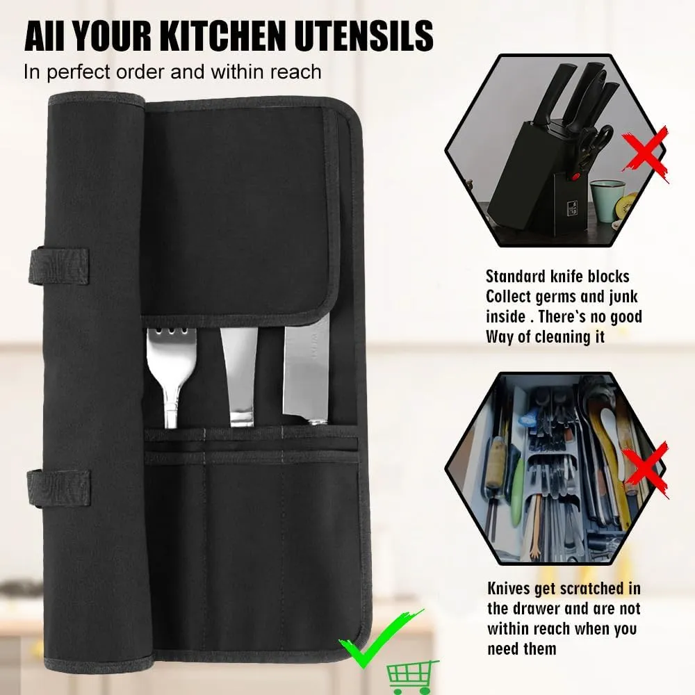 Chef Knife Bag With 24 Slots Cutlery Knives Holders Protectors, Kitchen Travel Cooking Tools, Portable Canvas Knife Roll Storage Bag Chef Case for Camping or Working with an Adjustable Shoulder Strap