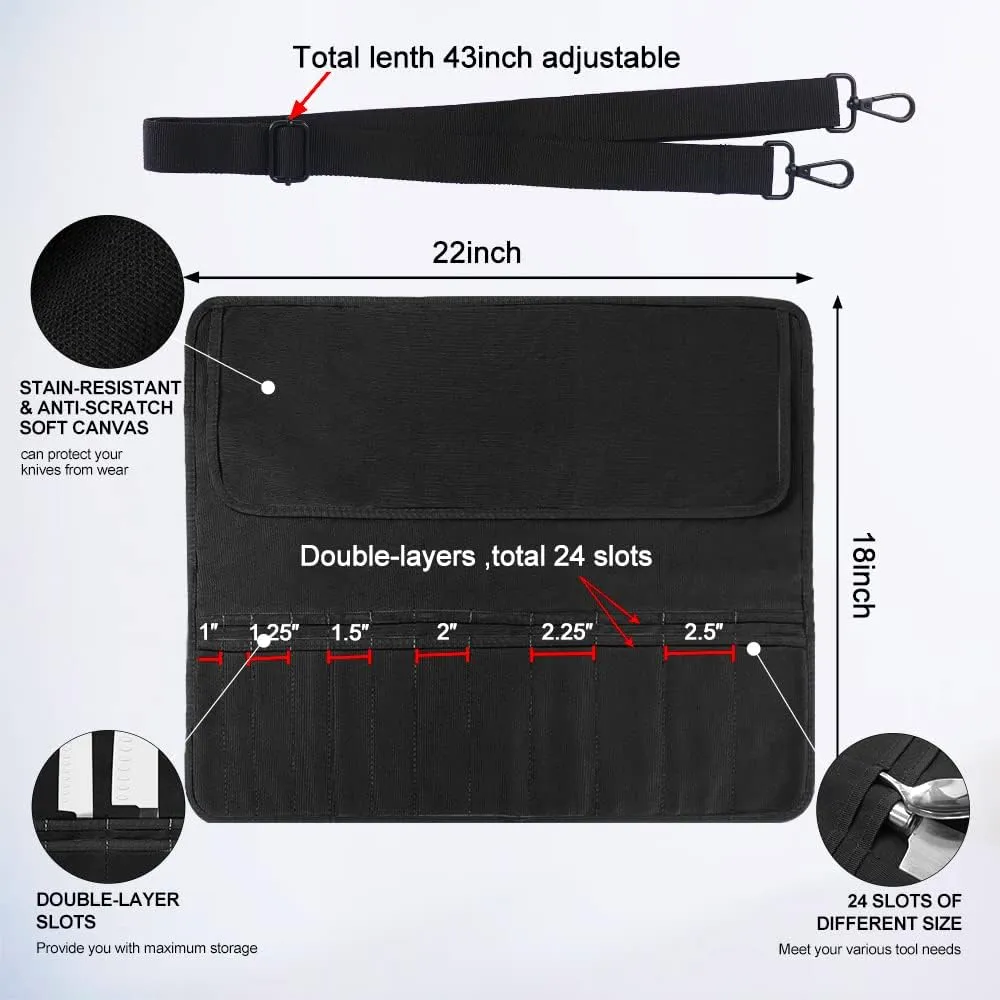Chef Knife Bag With 24 Slots Cutlery Knives Holders Protectors, Kitchen Travel Cooking Tools, Portable Canvas Knife Roll Storage Bag Chef Case for Camping or Working with an Adjustable Shoulder Strap