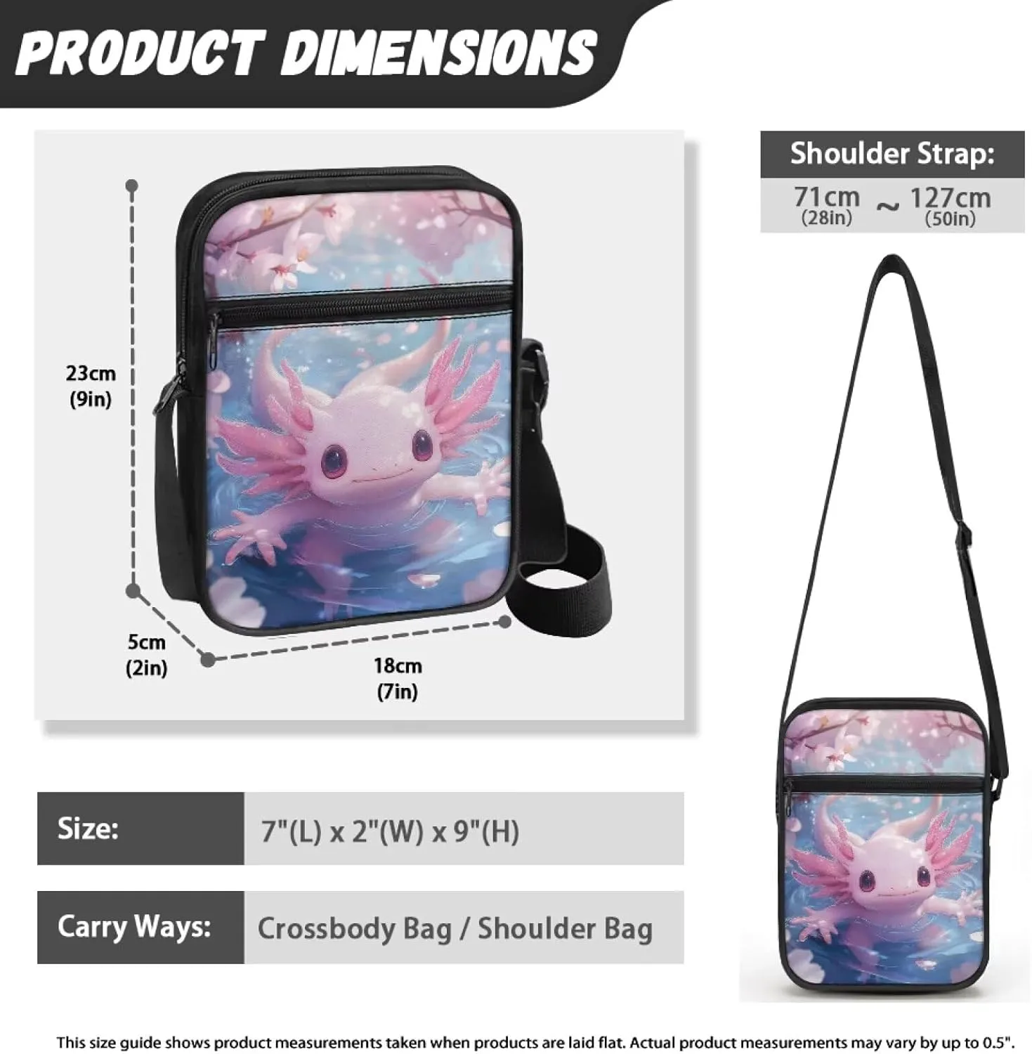 Cherry Blossoms Axolotl Trendy Outdoor Crossbody Bag Cute Messenger Purse with Zipper for Ladies Teen Girls Breathable Traveling Shopping Organizer Sporty Campus Chic