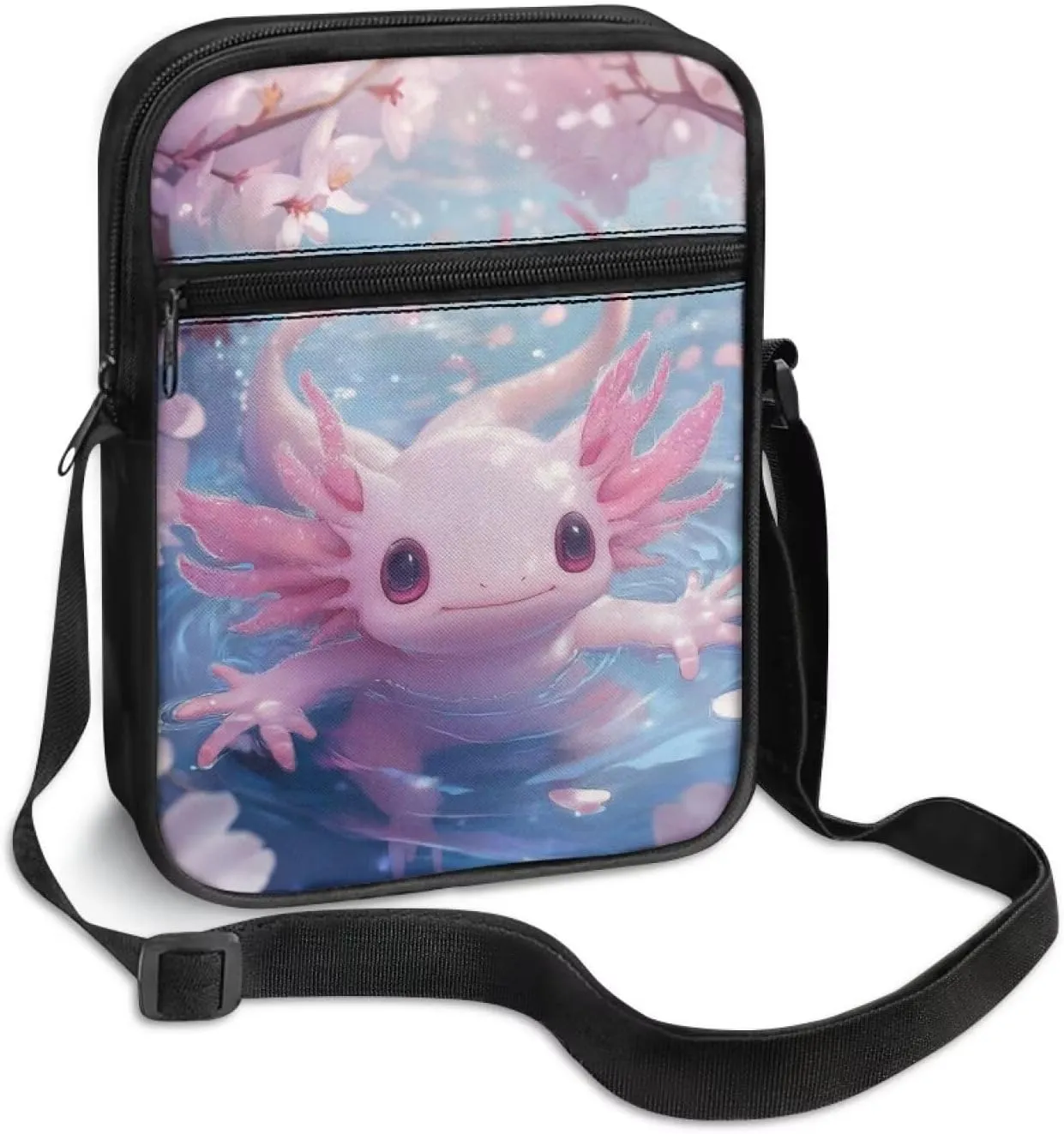 Cherry Blossoms Axolotl Trendy Outdoor Crossbody Bag Cute Messenger Purse with Zipper for Ladies Teen Girls Breathable Traveling Shopping Organizer Sporty Campus Chic