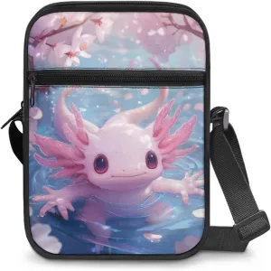 Cherry Blossoms Axolotl Trendy Outdoor Crossbody Bag Cute Messenger Purse with Zipper for Ladies Teen Girls Breathable Traveling Shopping Organizer Sporty Campus Chic