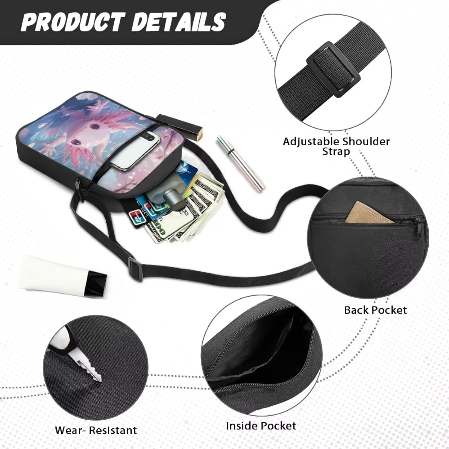 Cherry Blossoms Axolotl Trendy Outdoor Crossbody Bag Cute Messenger Purse with Zipper for Ladies Teen Girls Breathable Traveling Shopping Organizer Sporty Campus Chic