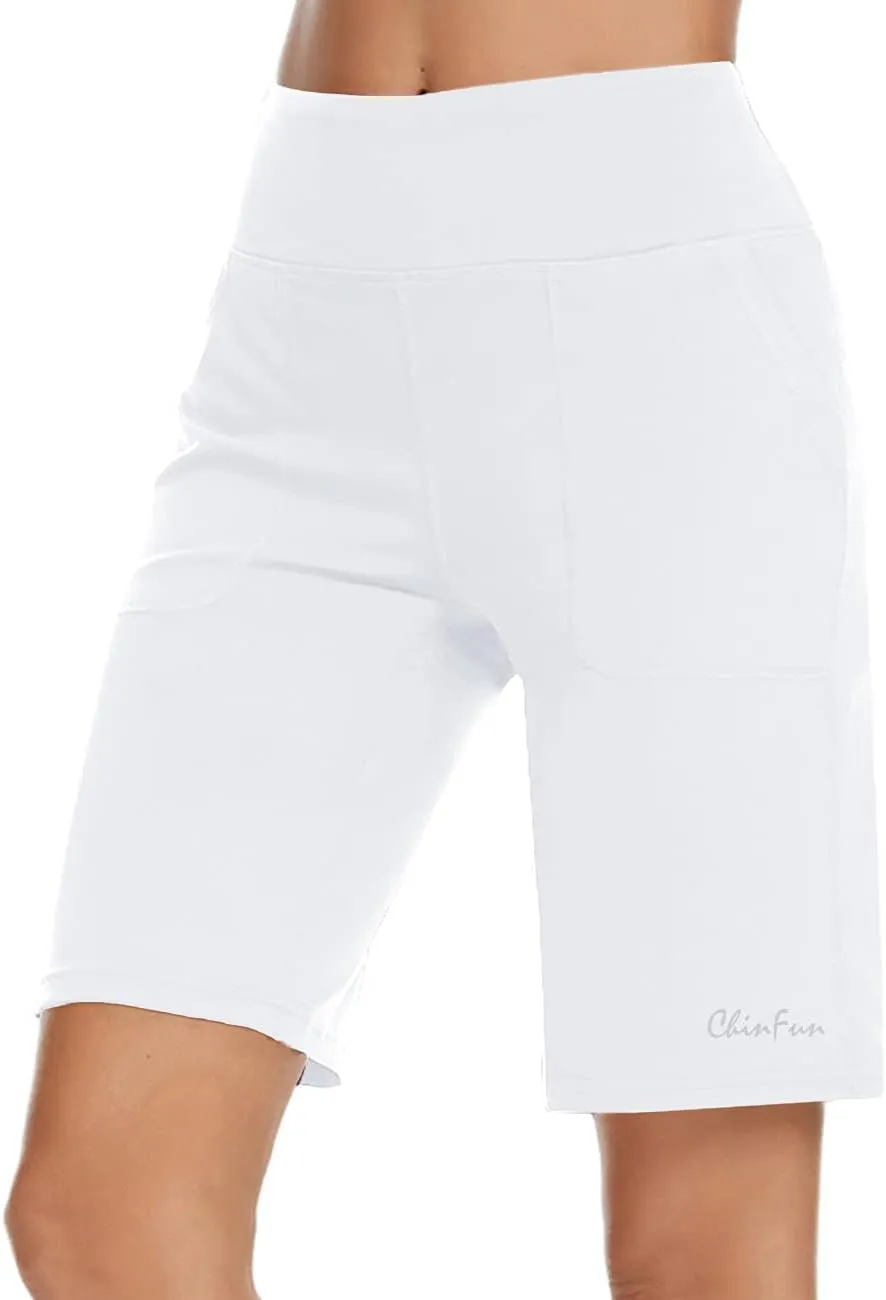 ChinFun Women's 10" High Waist Yoga Shorts Bermuda Shorts Athletic RunningWorkout Lounge Shorts with Deep Pockets