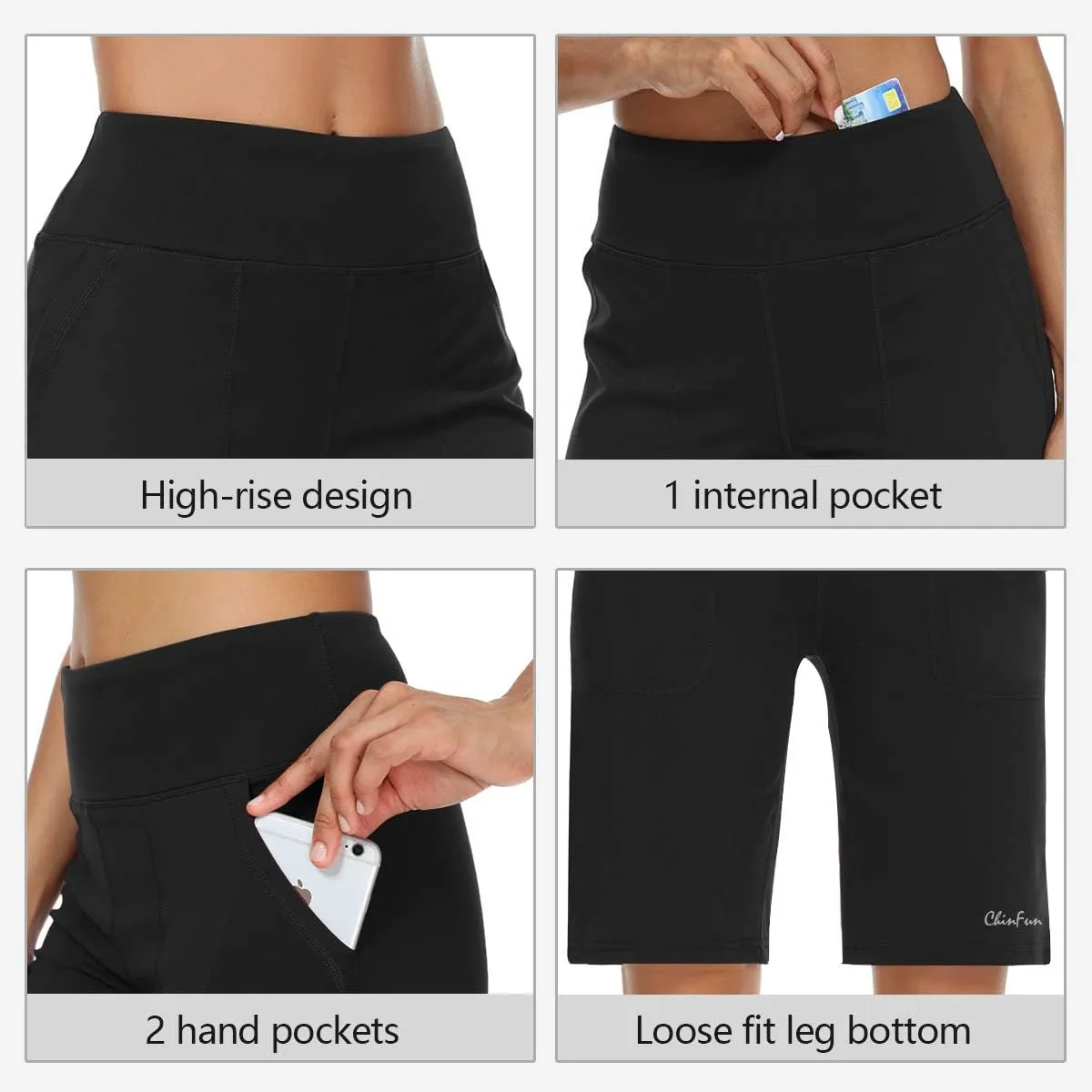ChinFun Women's 10" High Waist Yoga Shorts Bermuda Shorts Athletic RunningWorkout Lounge Shorts with Deep Pockets
