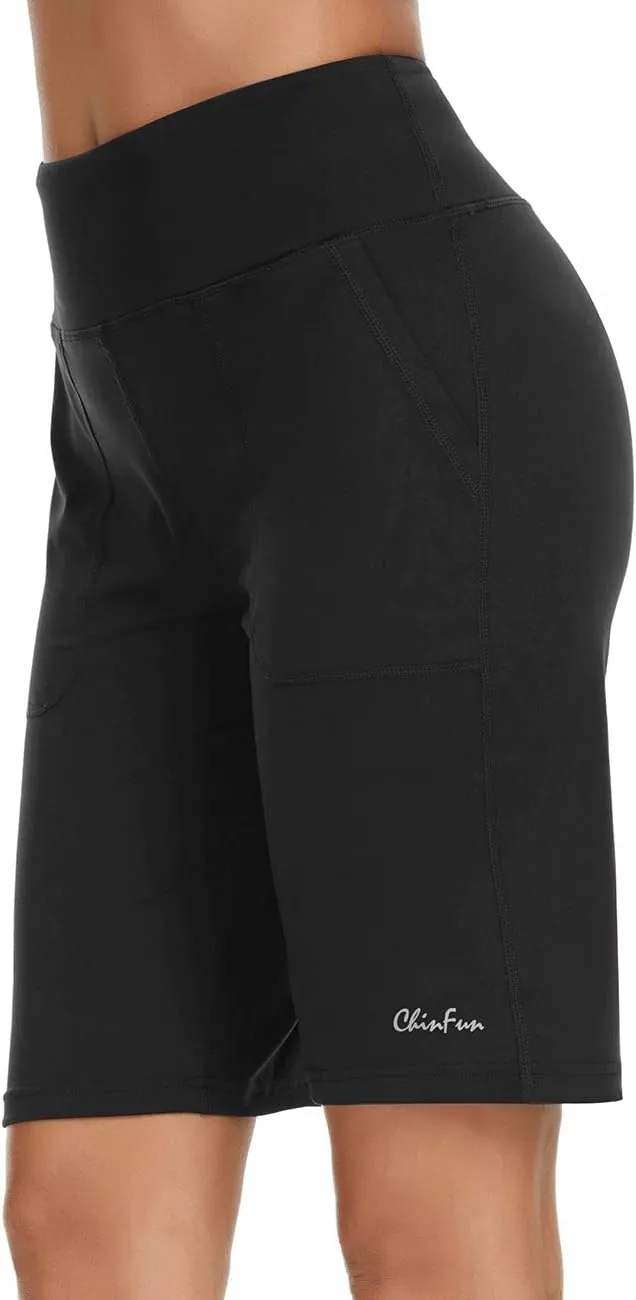 ChinFun Women's 10" High Waist Yoga Shorts Bermuda Shorts Athletic RunningWorkout Lounge Shorts with Deep Pockets