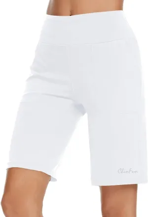 ChinFun Women's 10" High Waist Yoga Shorts Bermuda Shorts Athletic RunningWorkout Lounge Shorts with Deep Pockets