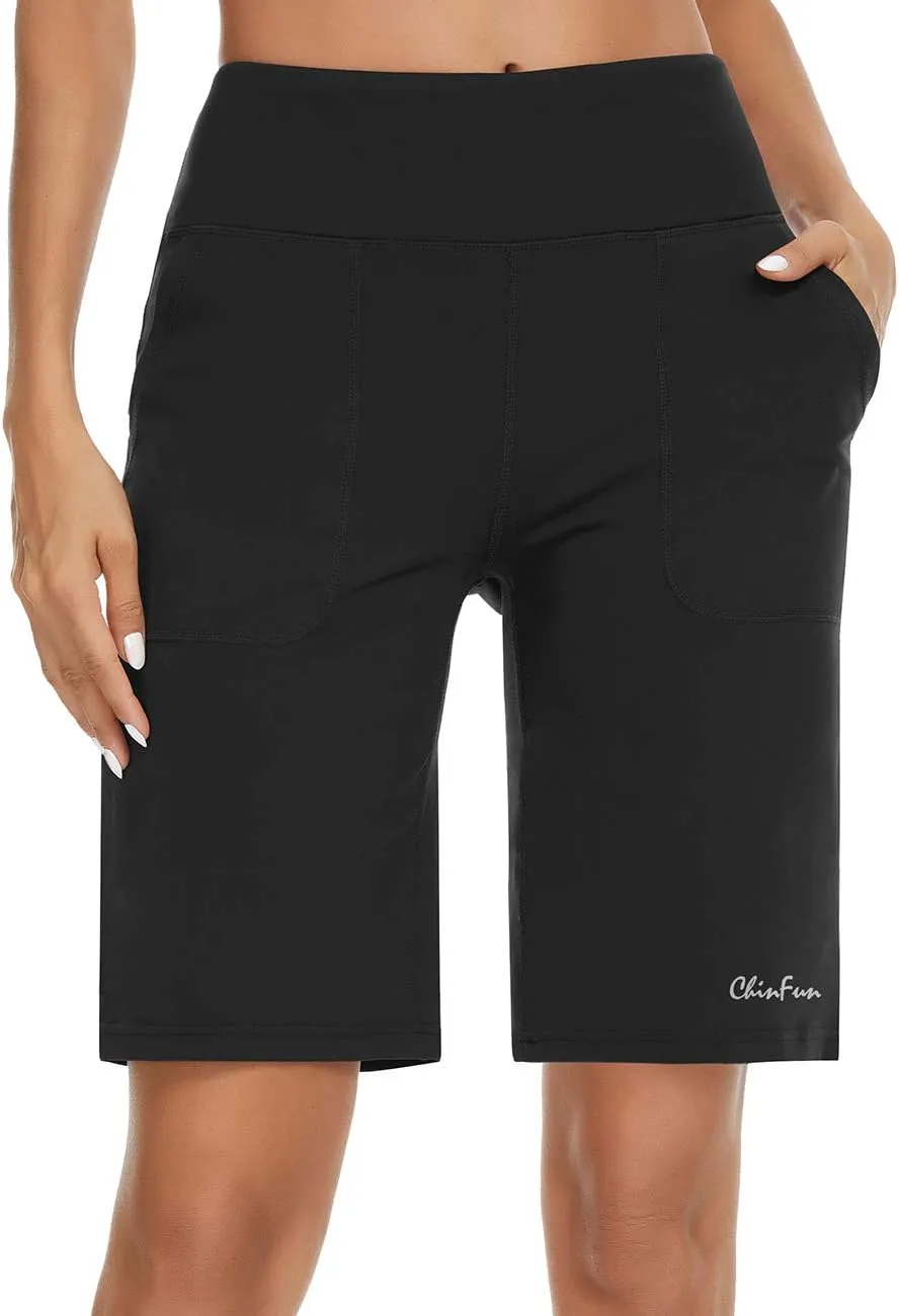 ChinFun Women's 10" High Waist Yoga Shorts Bermuda Shorts Athletic RunningWorkout Lounge Shorts with Deep Pockets