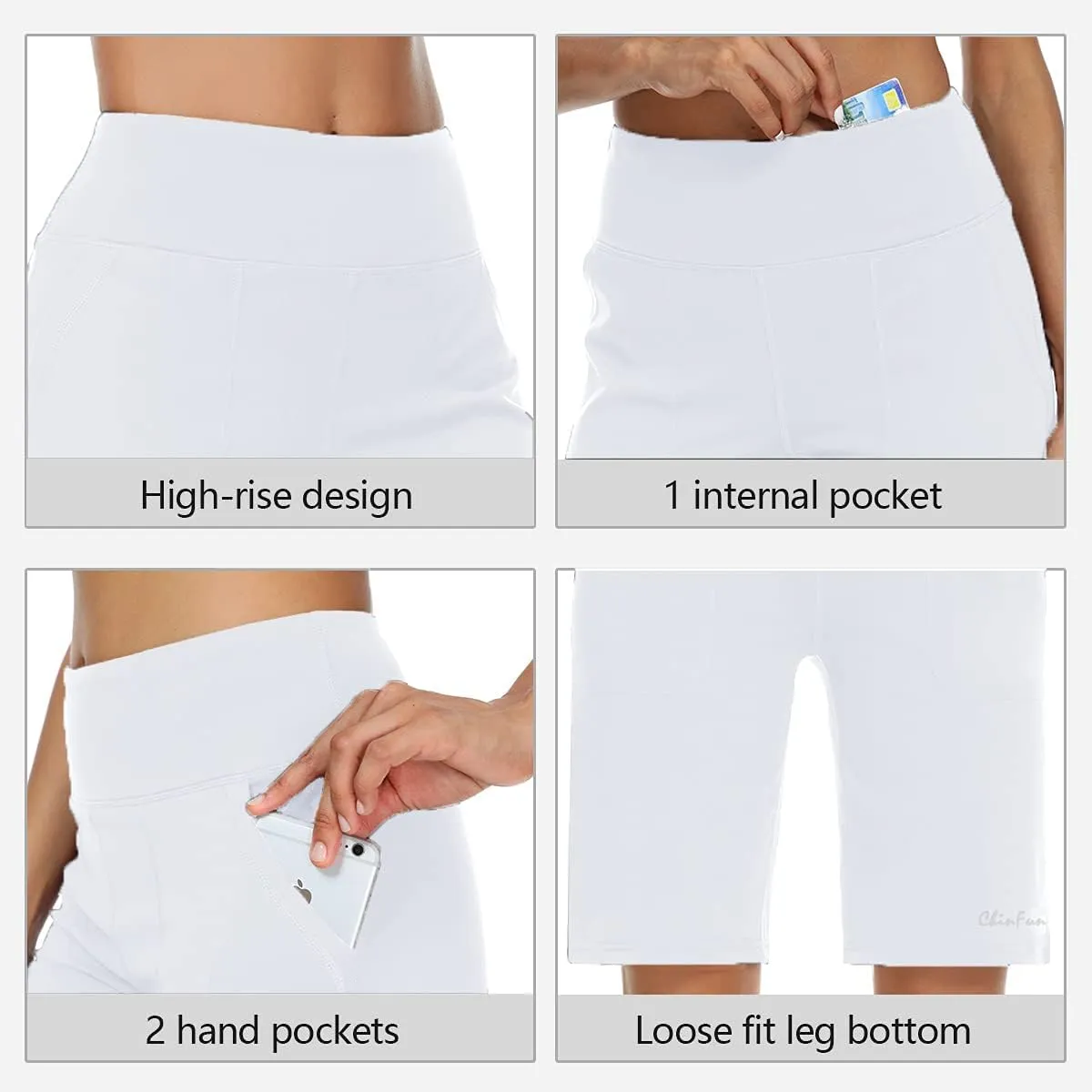 ChinFun Women's 10" High Waist Yoga Shorts Bermuda Shorts Athletic RunningWorkout Lounge Shorts with Deep Pockets
