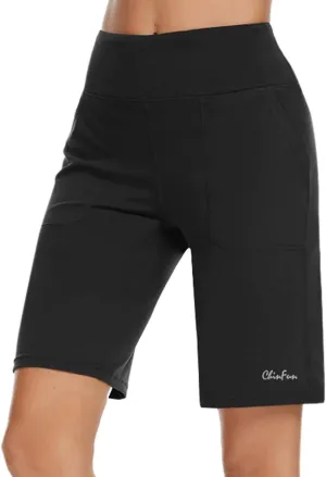 ChinFun Women's 10" High Waist Yoga Shorts Bermuda Shorts Athletic RunningWorkout Lounge Shorts with Deep Pockets