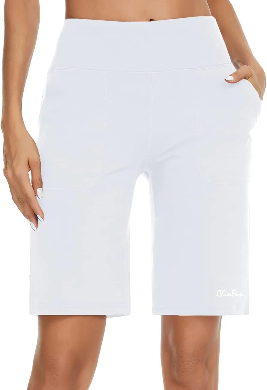 ChinFun Women's 10" High Waist Yoga Shorts Bermuda Shorts Athletic RunningWorkout Lounge Shorts with Deep Pockets