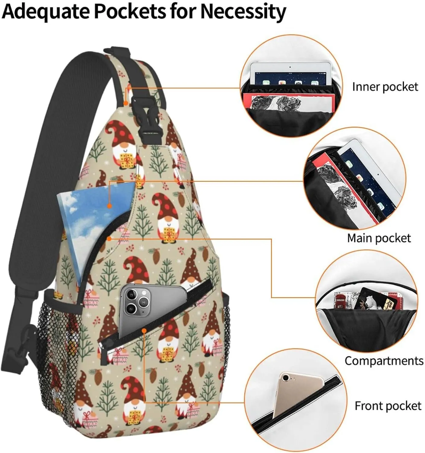 Christmas Gnomes Crossbody Sling Bag For Women Men Adjustable Christmas Chest Bag Shoulder Bag Sling Backpack Merry Xmas Daypack For Sport Travel Hiking