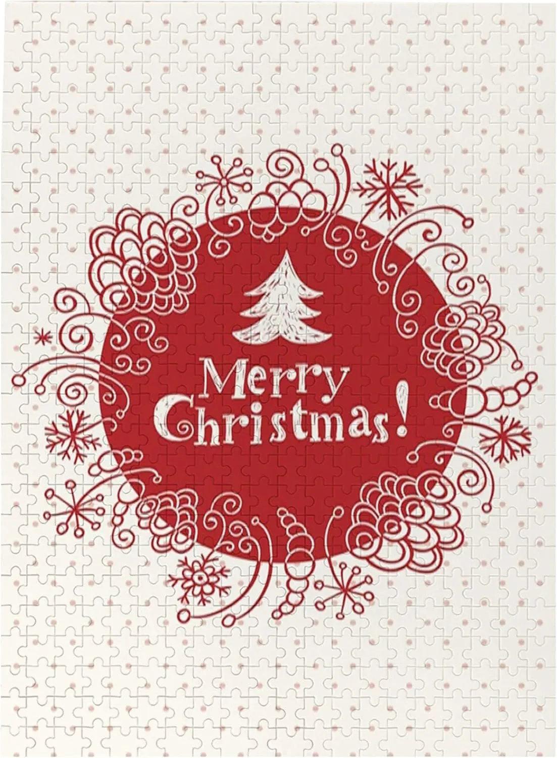 Christmas Theme,Puzzle Board,Portable Wooden Jigsaw Puzzle for Adults,Merry Christmas Design with Doodles,Birthday Gift for Family and Friends,Red White Plastic Box Storage 500PCS