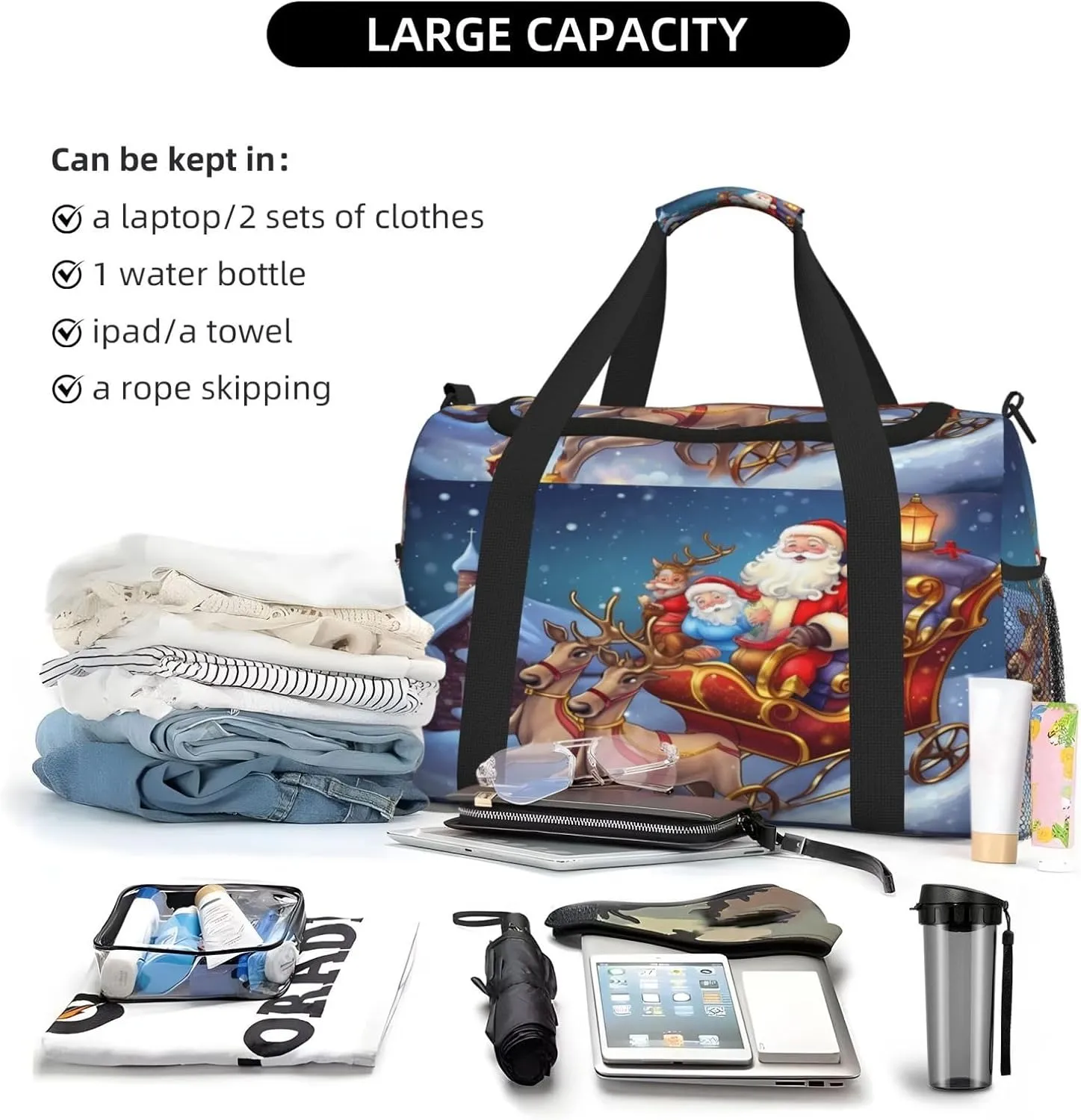 Christmas Winter Night Big Capacity Sports Gym Bag Portable Travel Duffle Bag, Xmas Reindeer Lightweight Weekender Workout Bag for Overnight, Unisex