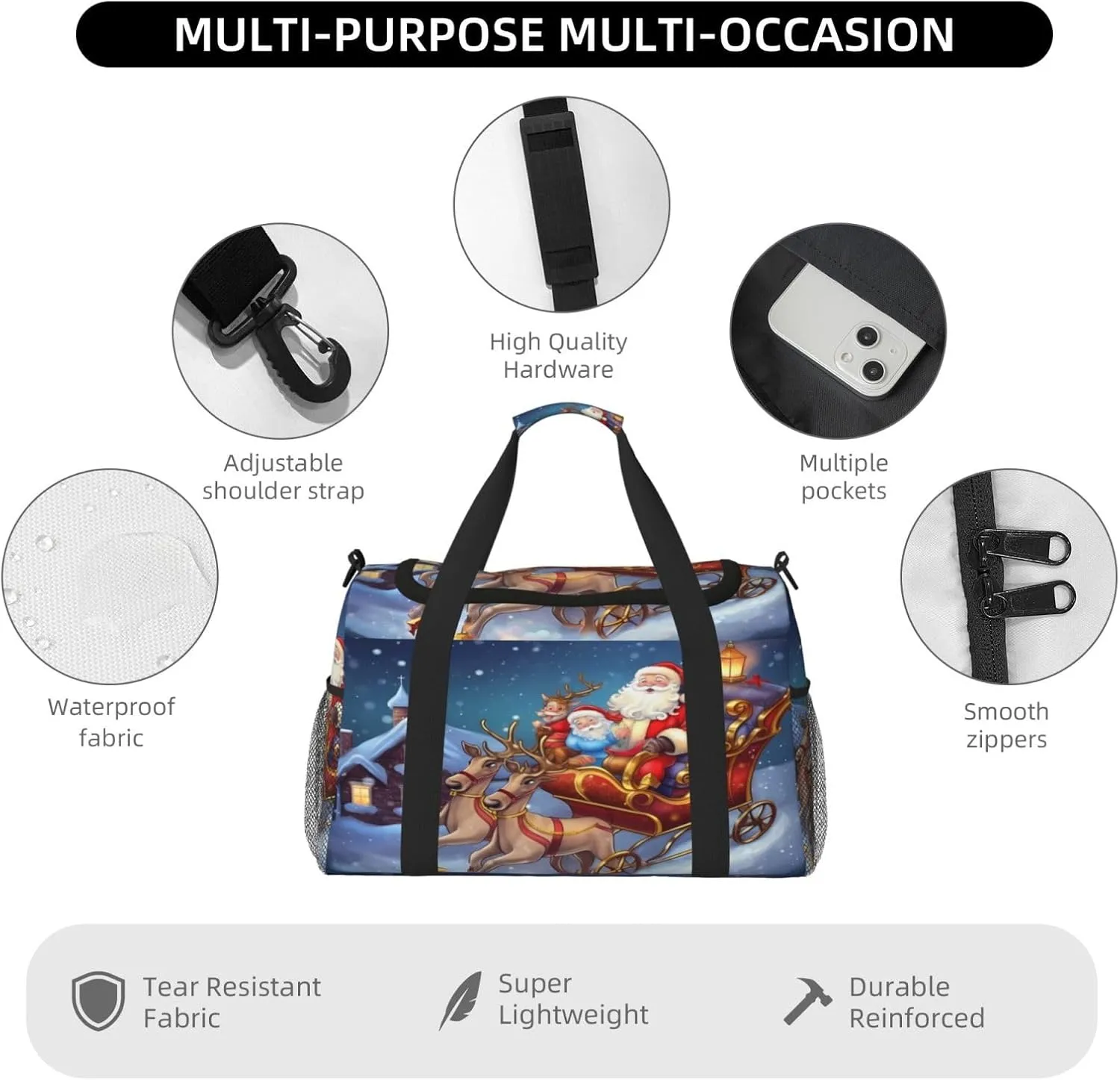 Christmas Winter Night Big Capacity Sports Gym Bag Portable Travel Duffle Bag, Xmas Reindeer Lightweight Weekender Workout Bag for Overnight, Unisex