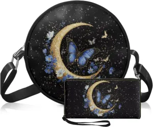 Circle Purse Set for Women Girls, PU Round Crossbody Bag with PU Wallet for Party Work