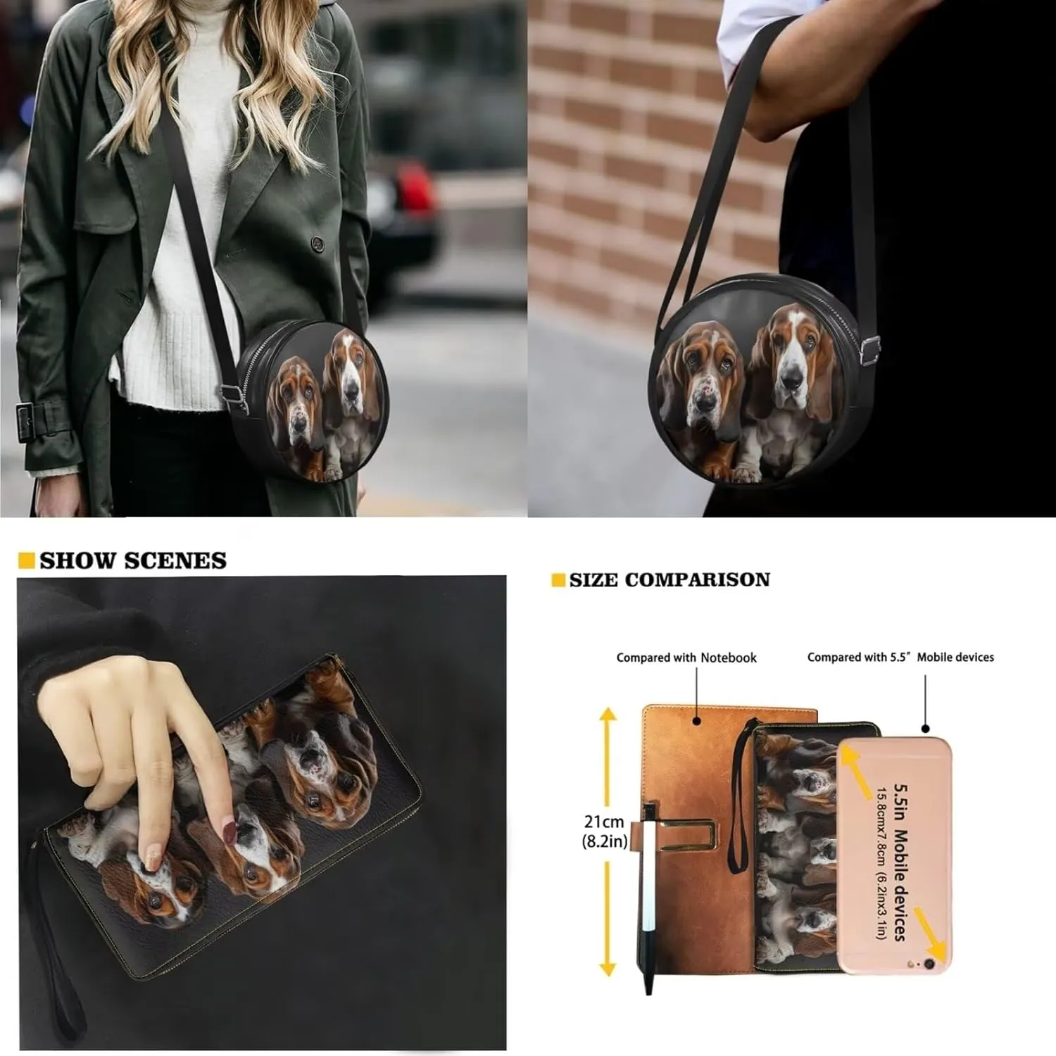Circle Purse Set for Women Girls, PU Round Crossbody Bag with PU Wallet for Party Work