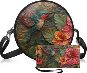 Circle Purse Set for Women Girls, PU Round Crossbody Bag with PU Wallet for Party Work