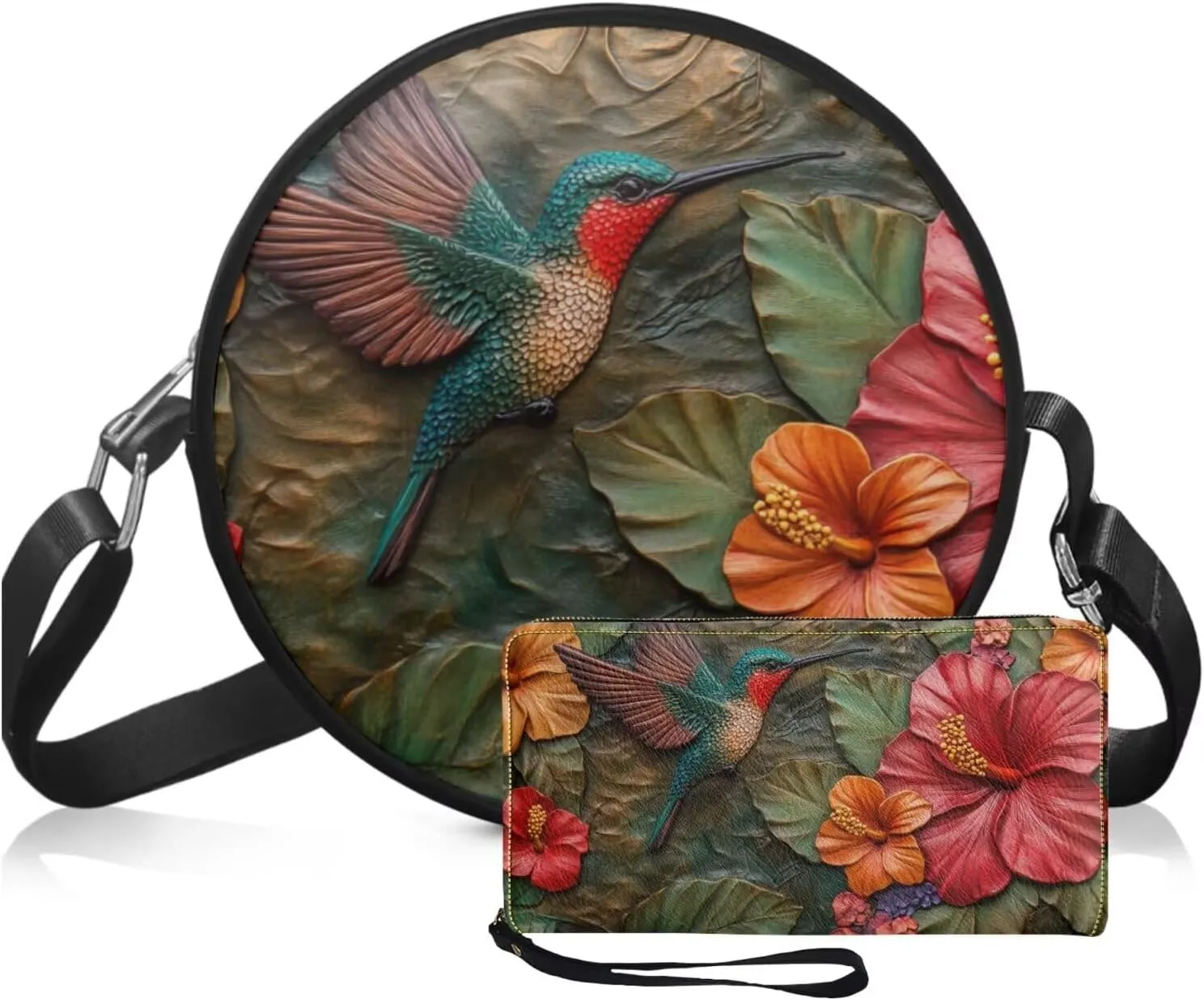 Circle Purse Set for Women Girls, PU Round Crossbody Bag with PU Wallet for Party Work
