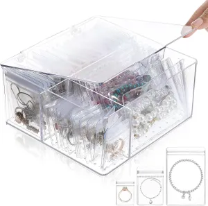 Clear Acrylic Jewelry Organizers and Storage with 60 Anti Tarnish Jewelry Bags, 4-in-1 Jewelry Box Organizer for Women, Travel Jewelry Case for Bracelets Earrings Rings Necklaces Gift