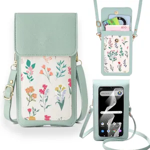 Clear Touch Screen Crossbody Bag Purse Wallet Case For BLU F5 2024 6.6" [Long Lanyard Strap], Women Cash Purse Floral Pattern PU Leather Crossbody Bag Long Shoulder Handbag With Wristlet, Mint
