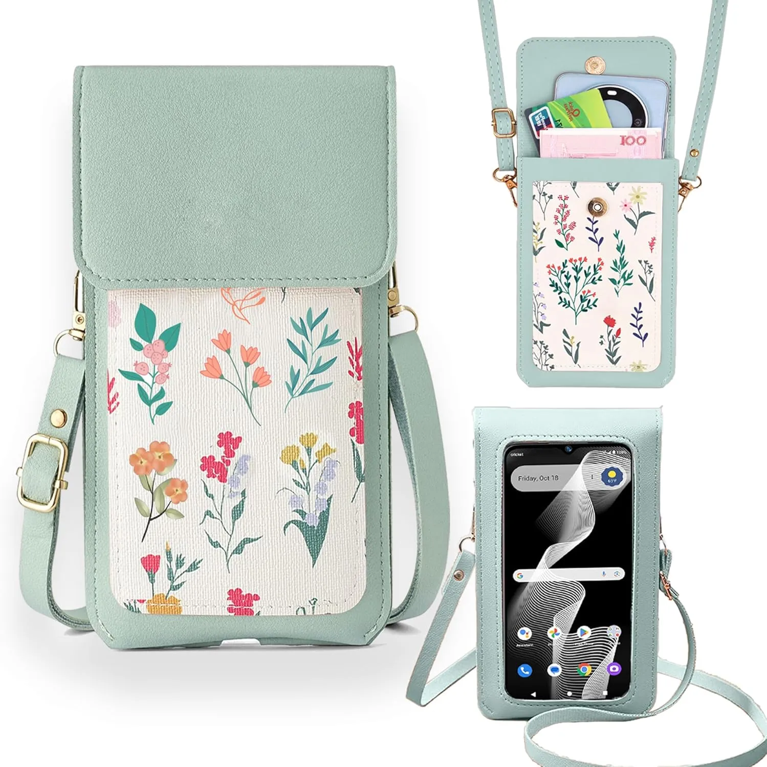 Clear Touch Screen Crossbody Bag Purse Wallet Case For BLU F5 2024 6.6" [Long Lanyard Strap], Women Cash Purse Floral Pattern PU Leather Crossbody Bag Long Shoulder Handbag With Wristlet, Mint