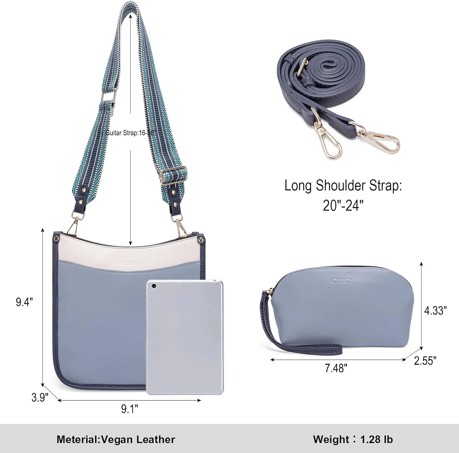 CLUCI Purses for Women, Vegen Leather Crossbody Bags for Woman Trendy, 2PCS Hobo Handbag with 2 Adjustable Guitar Strap