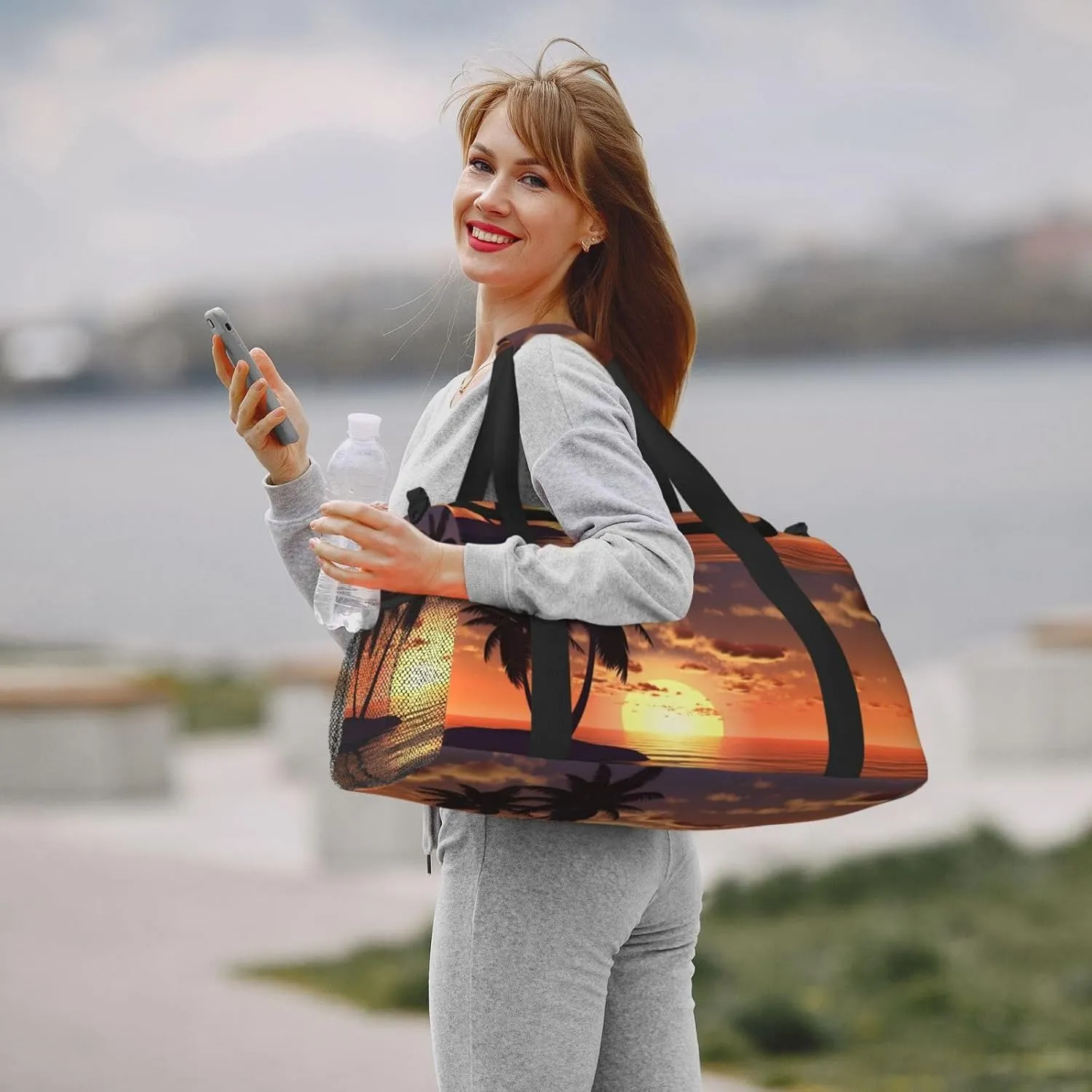 Coconut Palm Tree Big Capacity Sports Gym Bag Portable Travel Duffle Bag, Sea Beach Sunset Lightweight Weekender Workout Bag for Overnight, Unisex