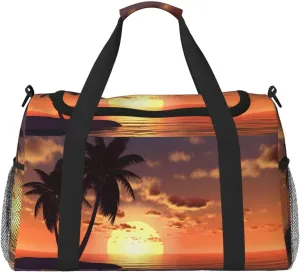 Coconut Palm Tree Big Capacity Sports Gym Bag Portable Travel Duffle Bag, Sea Beach Sunset Lightweight Weekender Workout Bag for Overnight, Unisex