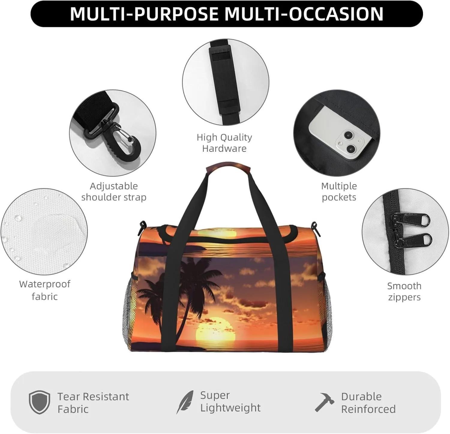 Coconut Palm Tree Big Capacity Sports Gym Bag Portable Travel Duffle Bag, Sea Beach Sunset Lightweight Weekender Workout Bag for Overnight, Unisex