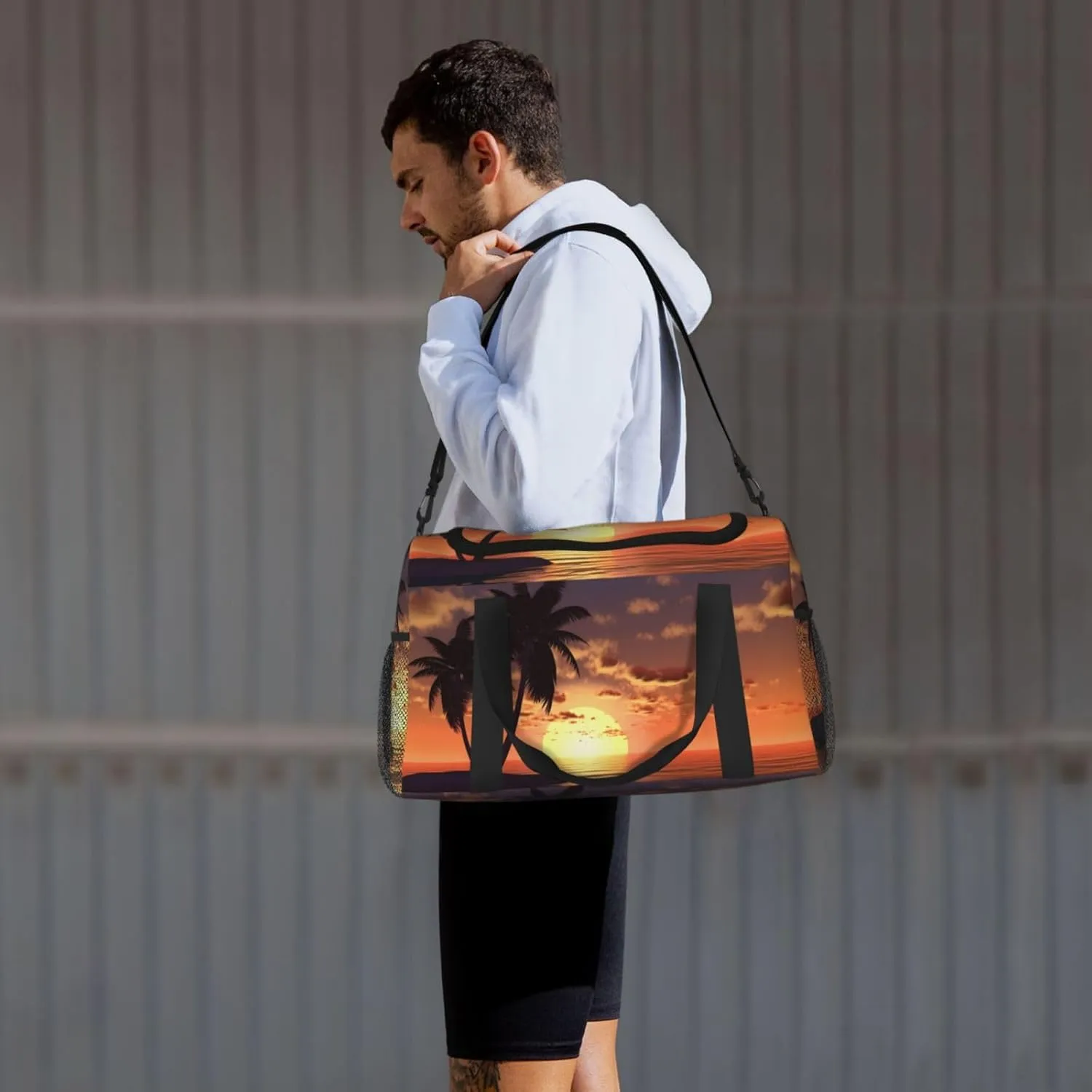 Coconut Palm Tree Big Capacity Sports Gym Bag Portable Travel Duffle Bag, Sea Beach Sunset Lightweight Weekender Workout Bag for Overnight, Unisex