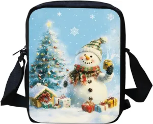 COEQINE Snowman Purse Blue Christmas Crossbody Bag for Party Decor Lightweight Portable Machine Washable Back Zipper Pocket For Travel