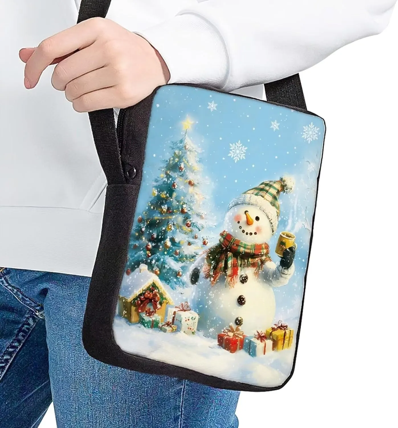COEQINE Snowman Purse Blue Christmas Crossbody Bag for Party Decor Lightweight Portable Machine Washable Back Zipper Pocket For Travel