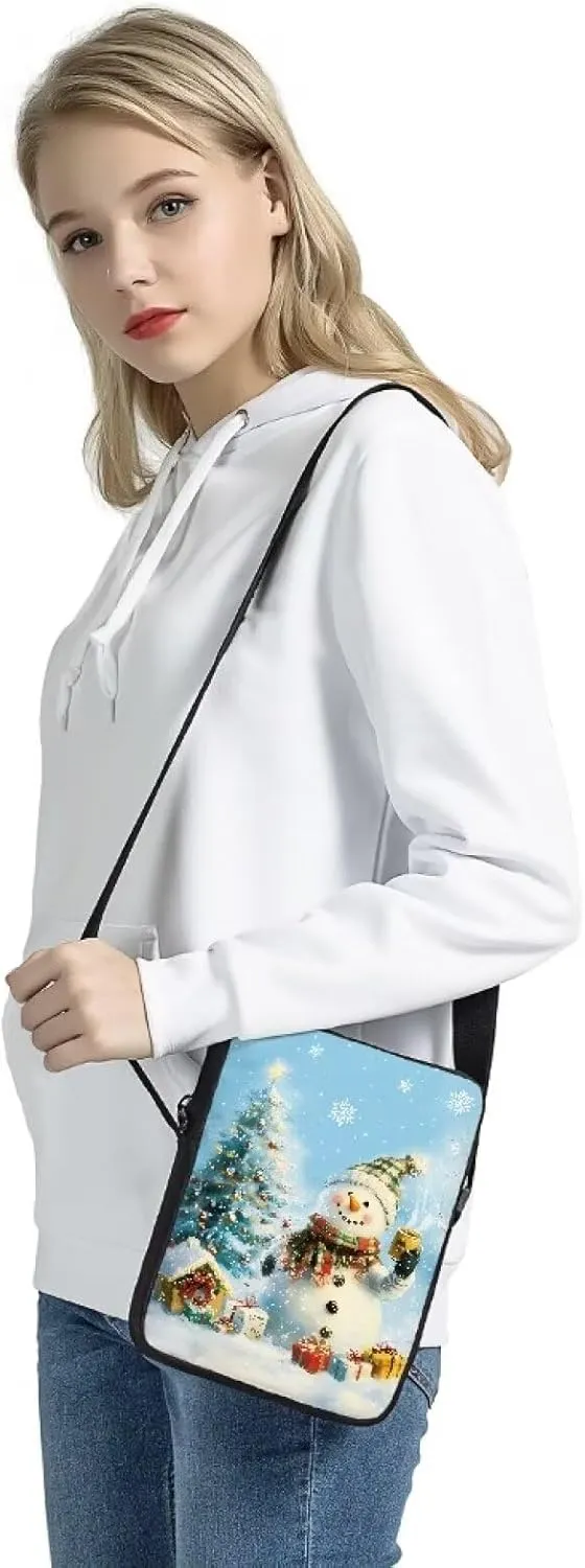 COEQINE Snowman Purse Blue Christmas Crossbody Bag for Party Decor Lightweight Portable Machine Washable Back Zipper Pocket For Travel