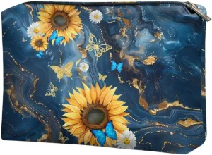 COEQINE Travel Lip Makeup Bag for Women Blue Marble Sunflower Butterfly Purse Organizer Pouches Goth Modern Cosmetic Case With Zipper