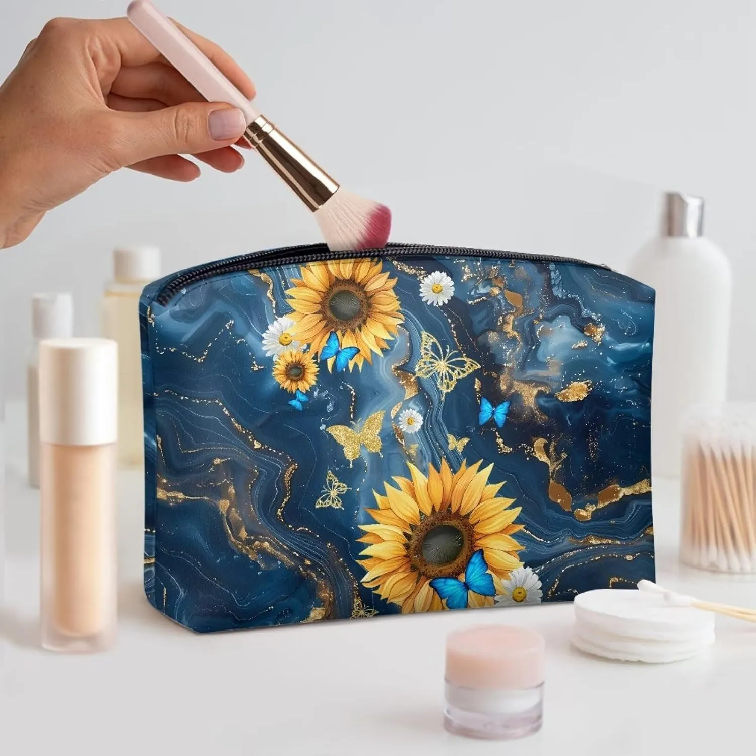 COEQINE Travel Lip Makeup Bag for Women Blue Marble Sunflower Butterfly Purse Organizer Pouches Goth Modern Cosmetic Case With Zipper