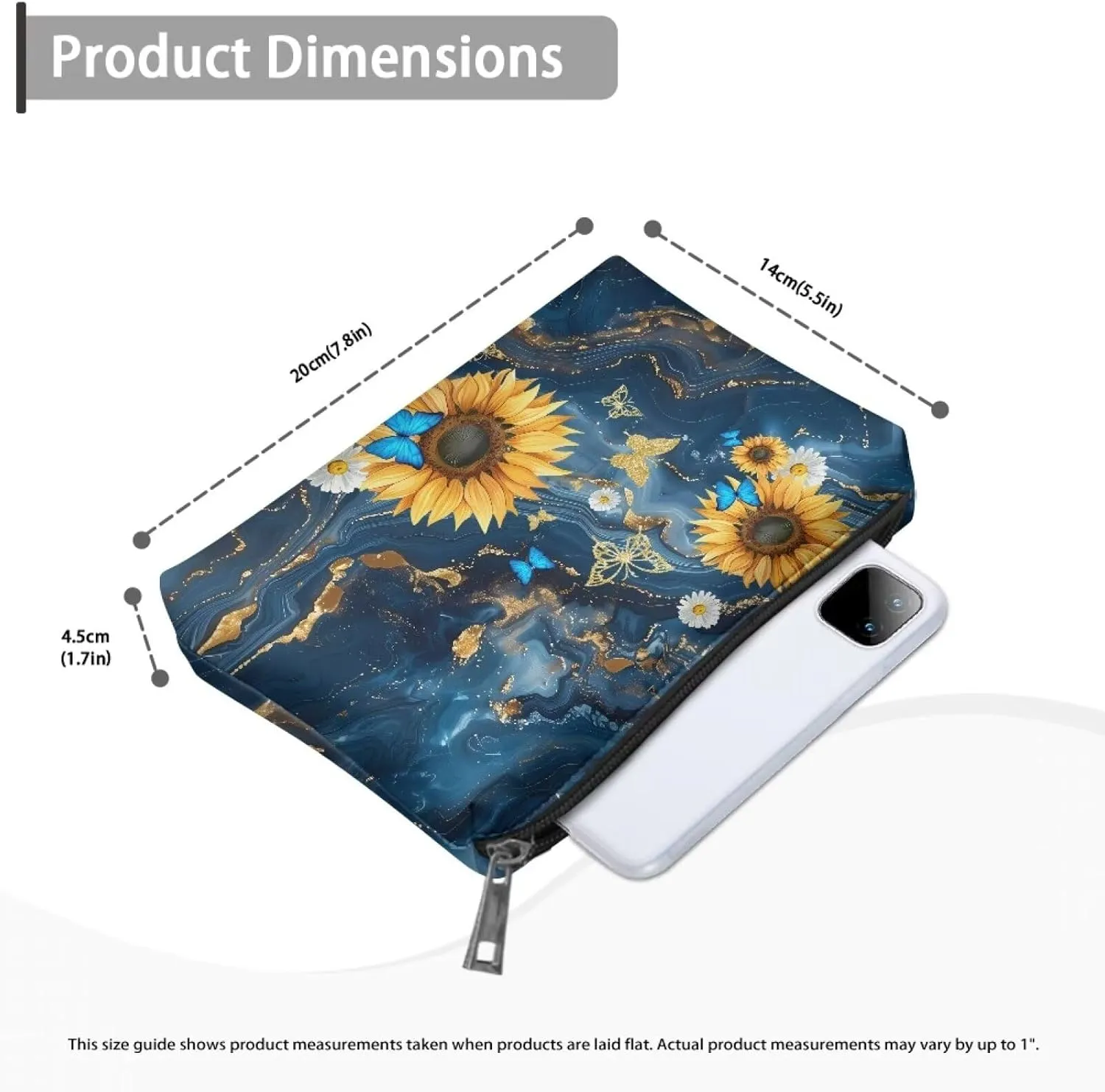 COEQINE Travel Lip Makeup Bag for Women Blue Marble Sunflower Butterfly Purse Organizer Pouches Goth Modern Cosmetic Case With Zipper