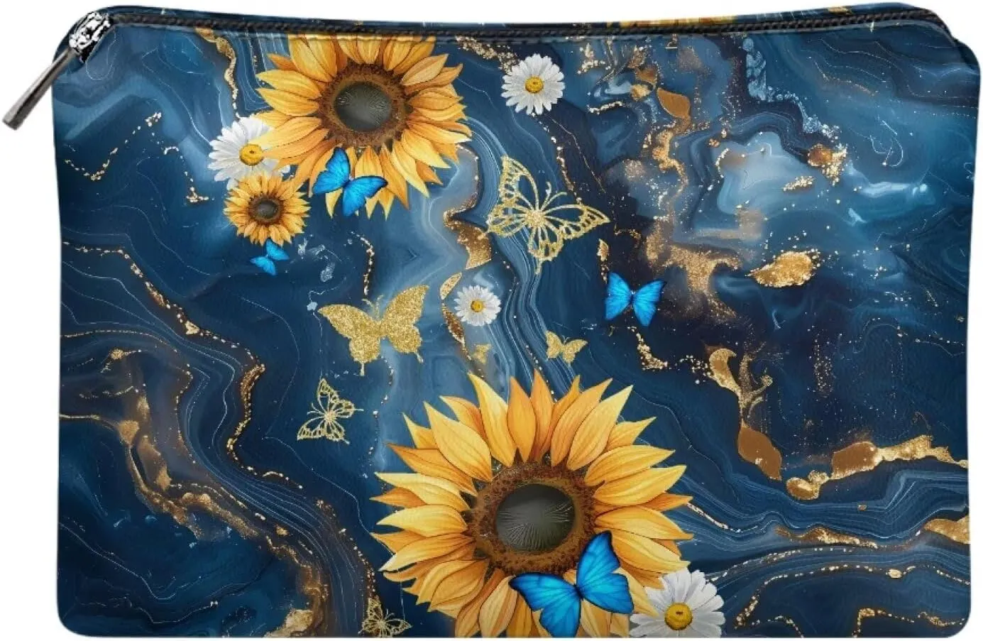 COEQINE Travel Lip Makeup Bag for Women Blue Marble Sunflower Butterfly Purse Organizer Pouches Goth Modern Cosmetic Case With Zipper