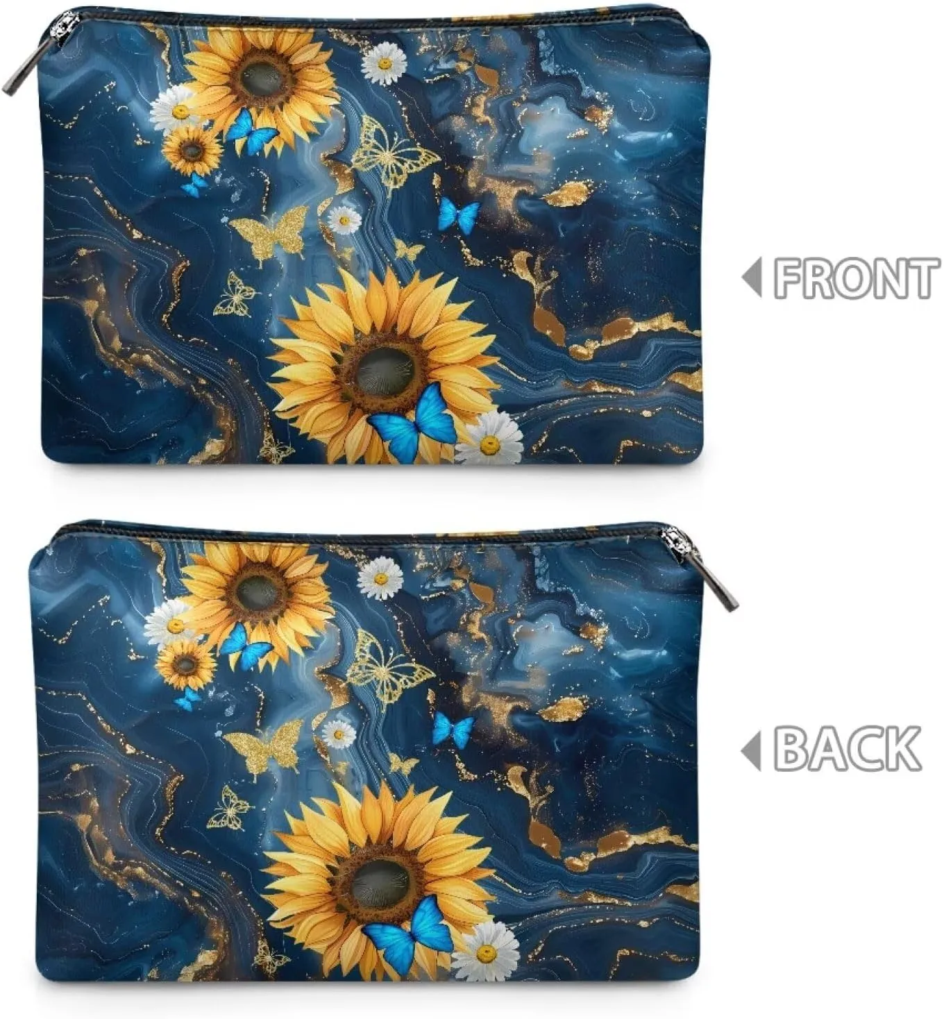 COEQINE Travel Lip Makeup Bag for Women Blue Marble Sunflower Butterfly Purse Organizer Pouches Goth Modern Cosmetic Case With Zipper