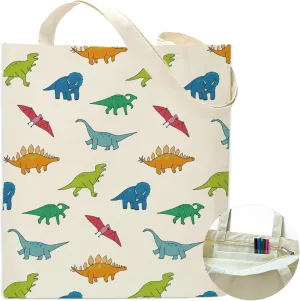 Colorful Cute Dinosaur Canvas Tote Bag Shoulder Zipper Pocket Aesthetic Women Teacher Lady Shopping Handbag Preppy College Book Reusable Grocery Work Storage Party Personalized Cloth Cotton