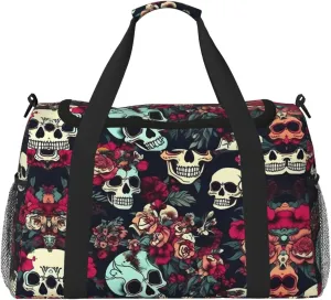 Colorful floral skulls Travel Tote Bag â€“ Large Reusable Shopping Bag, Vacation Tote, Sports Duffel Bag with Adjustable Crossbody Strap