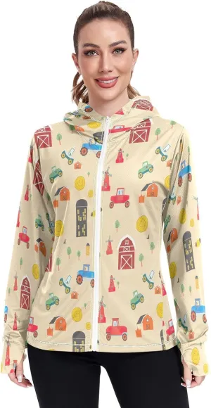 Colorful Tractors Orange Upf Hoodie Upf 50 , Long Sleeve Zip up Outdoor Jacket