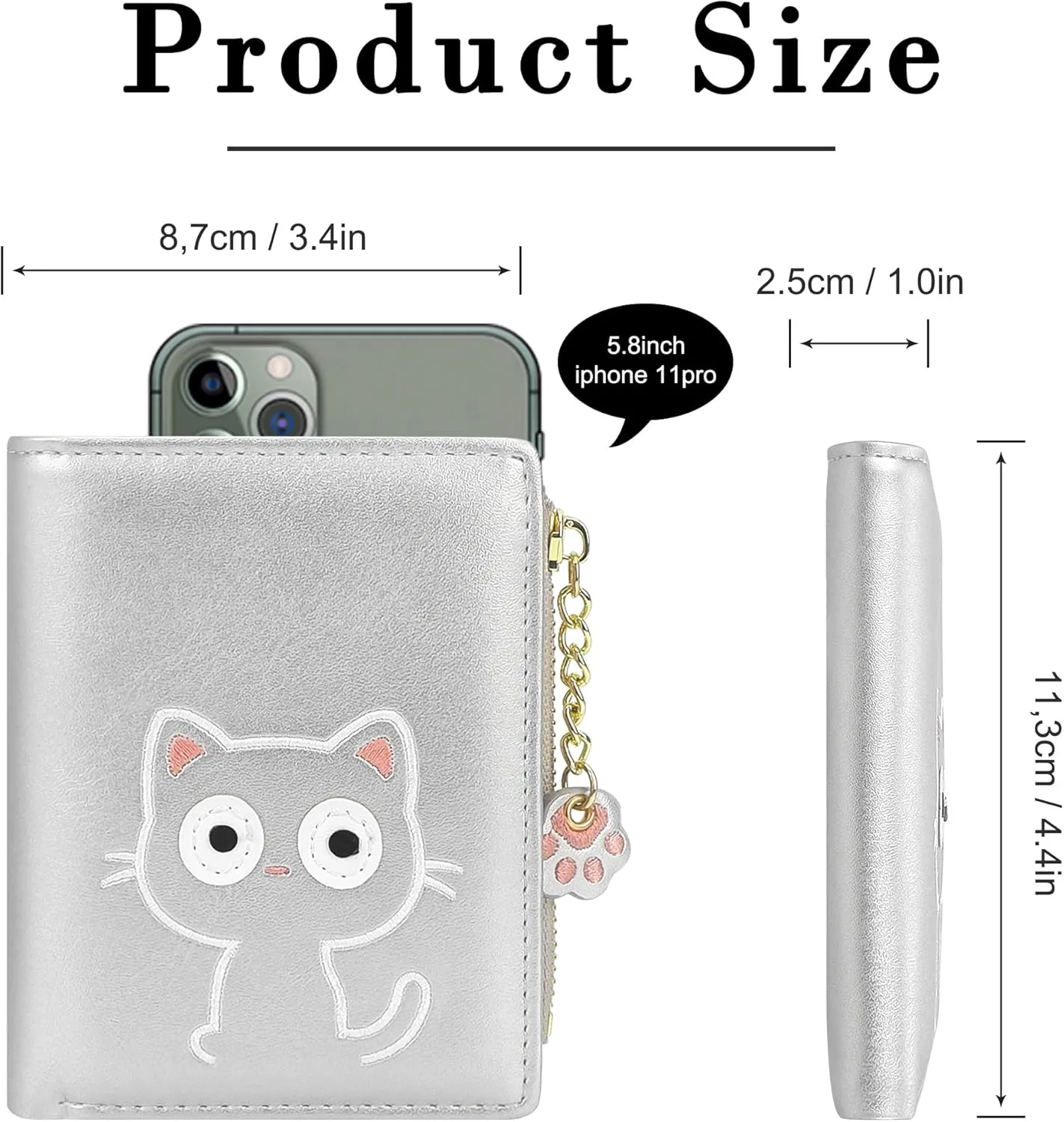 CONISY Cute Wallets for Women, Leather RFID Blocking Small Bifold Wallet with Zipper Coin Purse for Girls and Ladies Womens Wallet (Cat Silver)