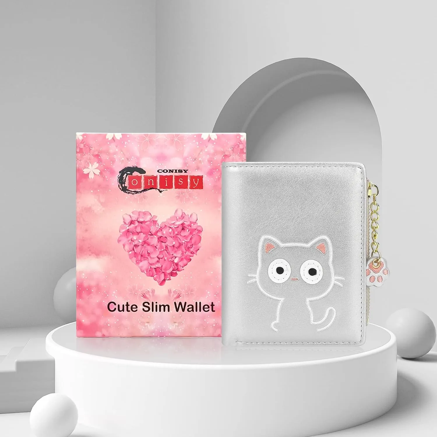 CONISY Cute Wallets for Women, Leather RFID Blocking Small Bifold Wallet with Zipper Coin Purse for Girls and Ladies Womens Wallet (Cat Silver)