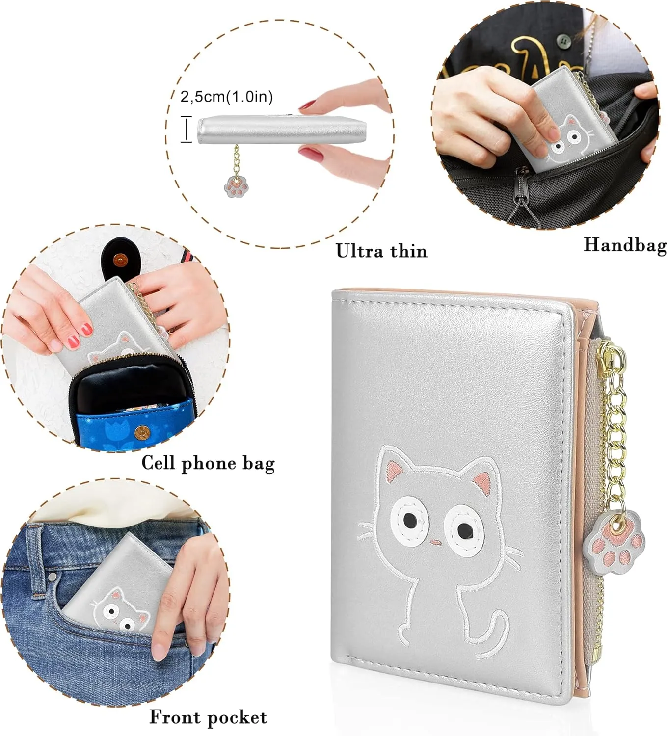 CONISY Cute Wallets for Women, Leather RFID Blocking Small Bifold Wallet with Zipper Coin Purse for Girls and Ladies Womens Wallet (Cat Silver)