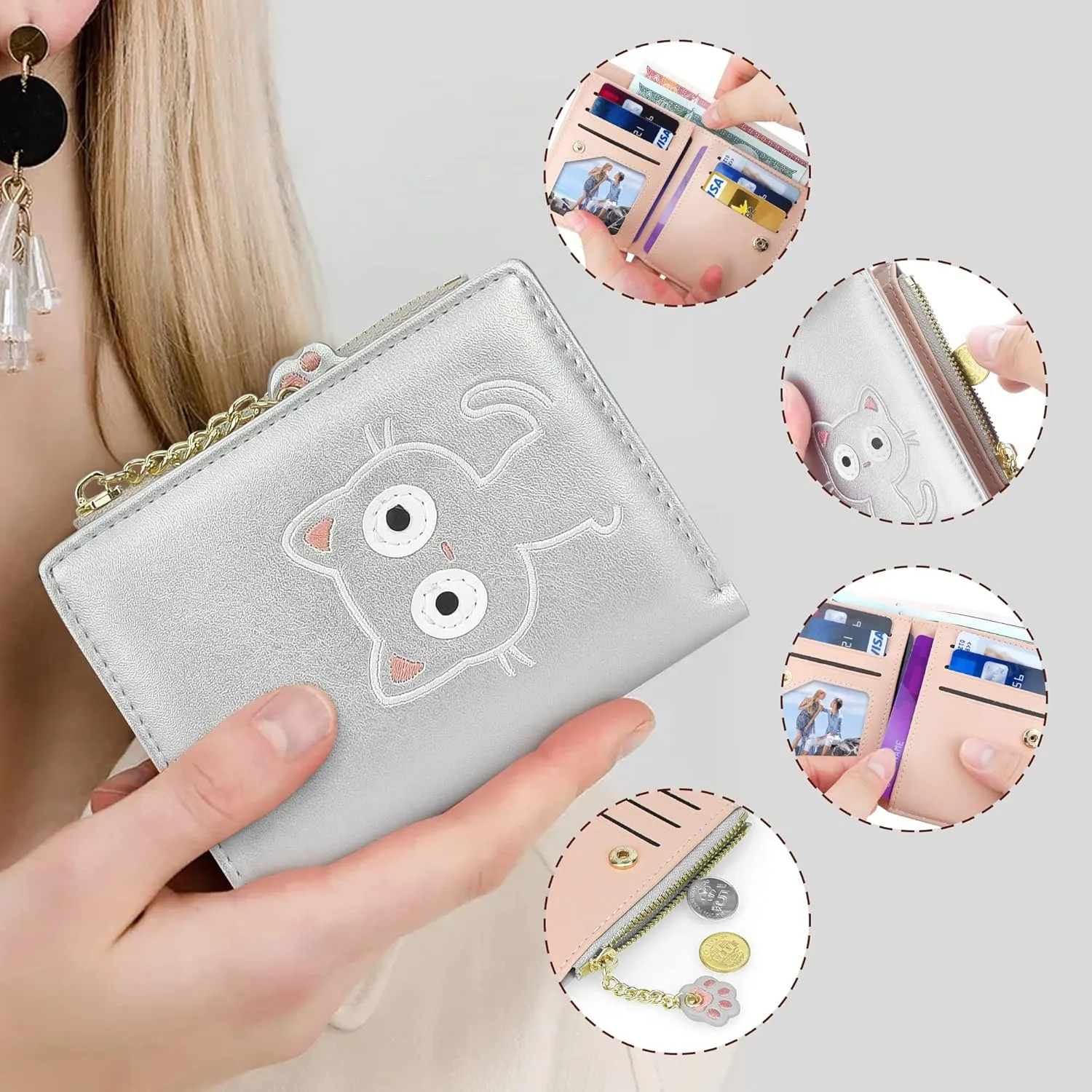 CONISY Cute Wallets for Women, Leather RFID Blocking Small Bifold Wallet with Zipper Coin Purse for Girls and Ladies Womens Wallet (Cat Silver)