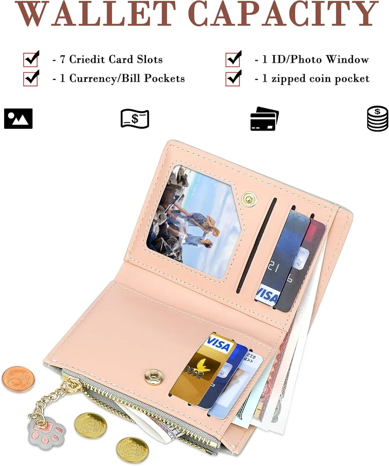 CONISY Cute Wallets for Women, Leather RFID Blocking Small Bifold Wallet with Zipper Coin Purse for Girls and Ladies Womens Wallet (Cat Silver)