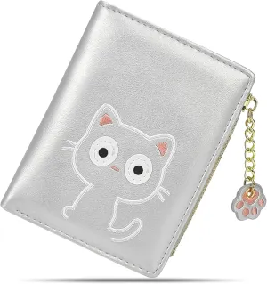 CONISY Cute Wallets for Women, Leather RFID Blocking Small Bifold Wallet with Zipper Coin Purse for Girls and Ladies Womens Wallet (Cat Silver)